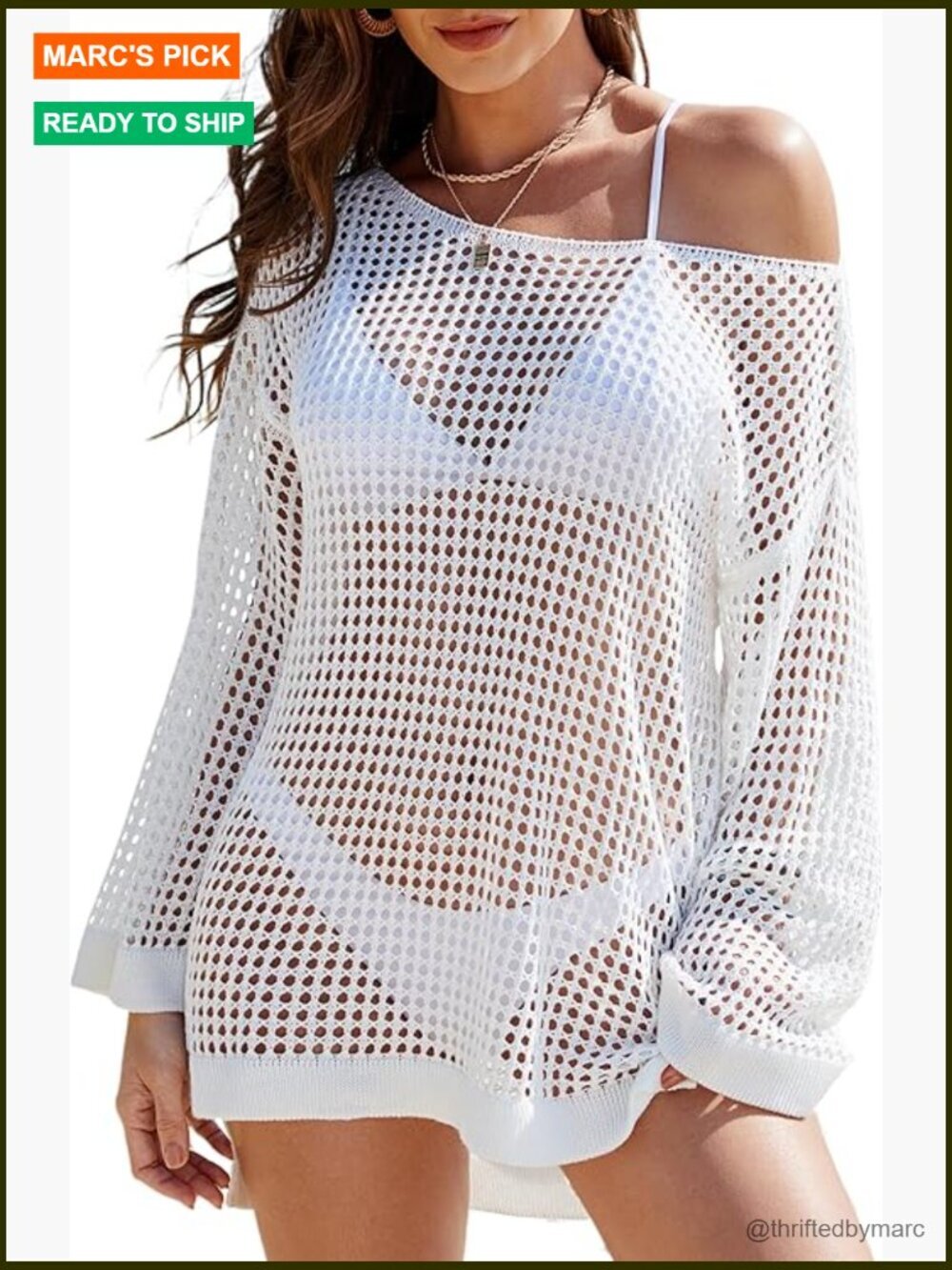 Off Shoulder Crochet Cover Up Beach Knit Top Long Sleeve Swim Coverup